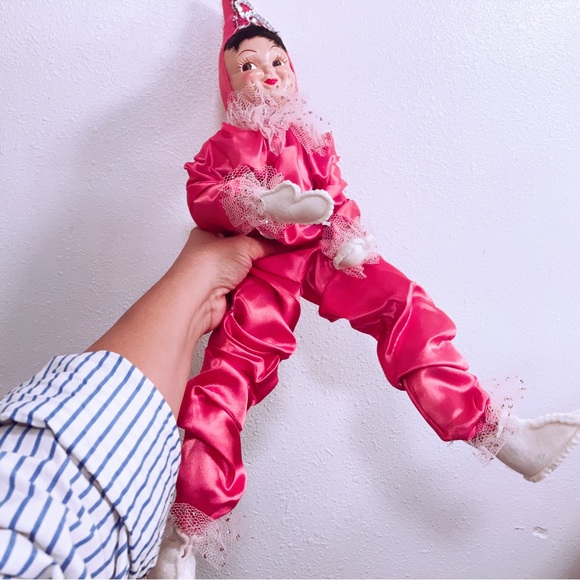 Vintage 20” Tall Hand Painted Posable Fancy Pixie Elf Dressed In Pink Satin - Picture 4 of 5